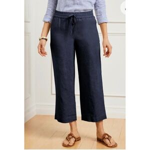 Talbots Navy Blue Linen Wide Leg Crop Pants Sz M Beach Coastal Nautical Vacation